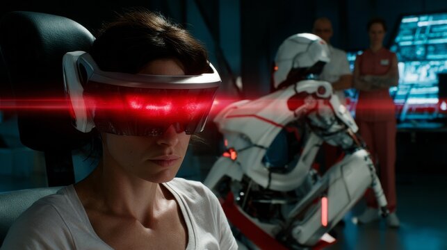 Woman in high-tech visor with red lights seated in dim-lit laboratory, robotic device with glowing accents, digital console, and observers in advanced scientific setting.