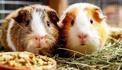 Realistic close-up of guinea pigs in clean glass enclosure with fresh hay, food bowl, and bright store lightin