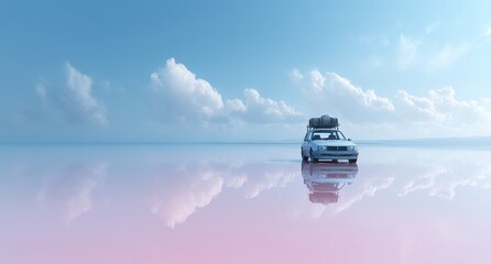 Under a bright blue sky with fluffy clouds, a car embarks on a vibrant journey across a reflective pink surface, its luggage securely fastened to the roof rack