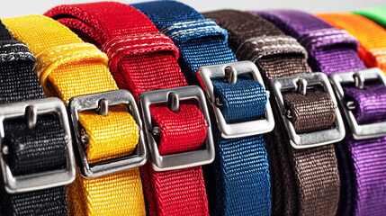 Realistic close-up of dog collars in various colors and sizes neatly arranged on bright pet store display background
