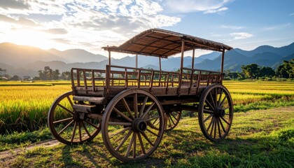 Obraz premium Rustic Wooden Cart in Golden Rice Field at Sunset under Mountains