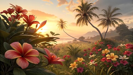 Tropical Flower Garden at Sunset – Vibrant Colors, Serene Beauty