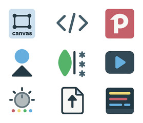 Fototapeta premium Creative Coding Icon Set. Flat icon set of creative coding symbols: JS canvas icon, code brackets, p5.js logo,