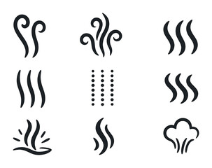 Naklejka premium Beverage Steam Icon Set. Flat icon set of beverage steam effects: rising swirls, curling vapor, hot air lines,