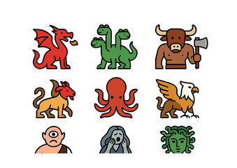 Obraz premium Mythical Creatures Icons. Flat icon set of mythological creatures: dragon, hydra, minotaur, chimera, kraken,