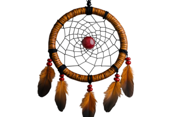Handmade dreamcatcher with feathers and beads isolated on white background