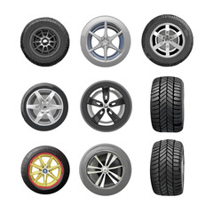 Obraz premium Varieties collection of wheels and tires of modern car vector art design 