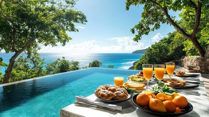 A luxurious outdoor breakfast setup by an infinity pool overlooking the ocean, surrounded by lush greenery and bright blue skies.