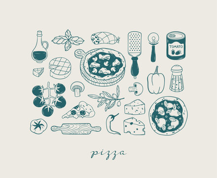 Hand drawn doodle set with elements of homemade Italian pizza. Mediterranean traditional cuisine in sketch style. Pizza, olive, cheese, tomatoes, basil. Vintage items for kitchen poster, print, menu