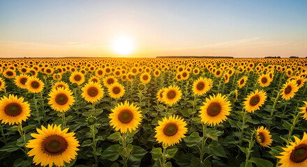 Fototapeta premium Sunflower field with a stunning sunrise view.