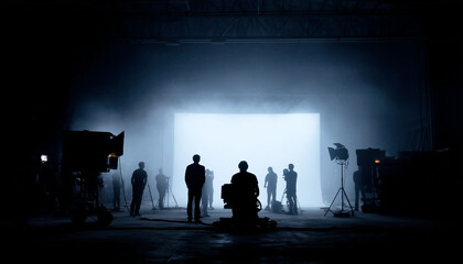 Silhouetted film crew on busy studio set with lighting rigs, cameras, and white screen backdrop—cinematic soundstage scene capturing behind-the-scenes teamwork and filmmaking atmosphere