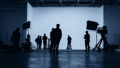 Silhouetted film crew on busy studio set with lighting rigs, cameras, and white screen backdrop—cinematic soundstage scene capturing behind-the-scenes teamwork and filmmaking atmosphere