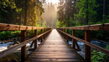 Fototapeta premium Serene Wooden Bridge Over Calm River Surrounded by Lush Forest