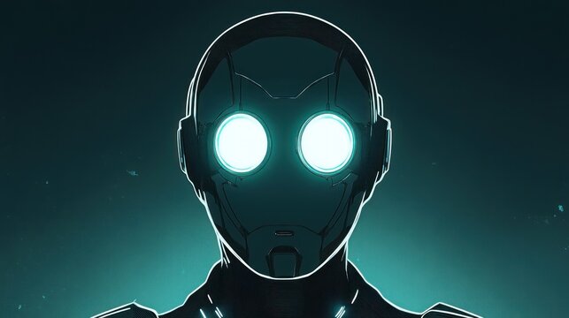 Dark, futuristic robot head with glowing eyes