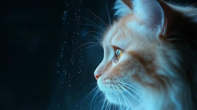Closeup of orange cat staring out rainy window  
