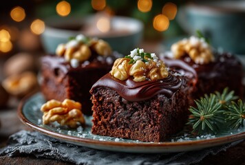 Moist chocolate brownie dessert topped with walnuts and sea salt on a rustic plate, surrounded by festive decorations and soft bokeh lights