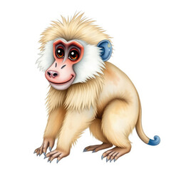 Fototapeta premium A friendly and colorful cartoon baboon smiles on a bright white background.