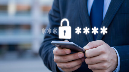 Secure mobile access shows a businessman holding a smartphone with a padlock and asterisks overlay for data protection and secure transactions.