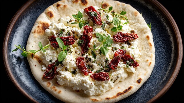 Top-down view of open flatbread with feta, oregano, and sun-dried tomatoes on ceramic dish