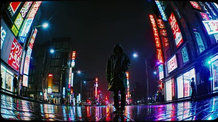 Modern city street at night with glowing neon signs reflected in rain-soaked pavement creates moody cyberpunk aesthetic perfect for urban lifestyle and technology themes - Powered by Adobe