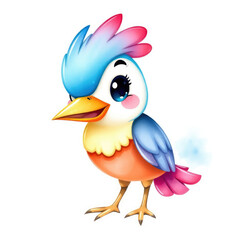 A cute and colorful cartoon bird character smiles brightly against white.