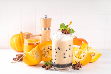 Sweet pumpkin chai bubble tea, pumpkin pie latte
