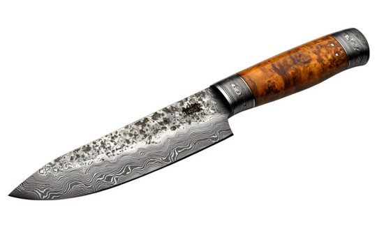 Japanese santoku knife with Damascus pattern isolated on white background