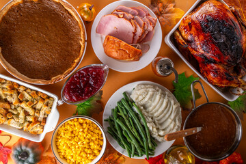 Thanksgiving dinner or lunch foods table