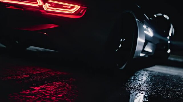 Closeup of a modern car headlight illuminated at night bright white led light shining on wet asphalt sleek automotive design technology detail luxury vehicle vision power dark rain