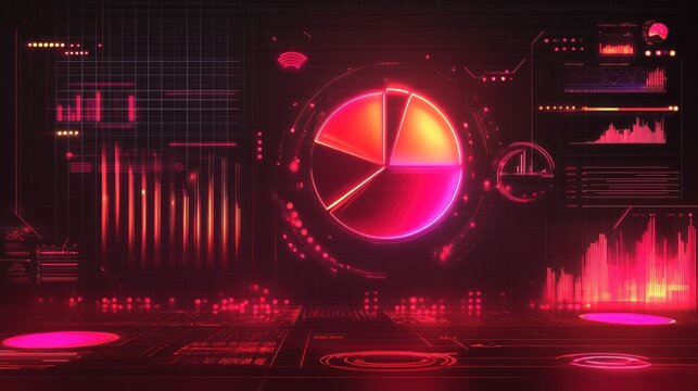 Futuristic data visualization interface with glowing graphs and pie chart