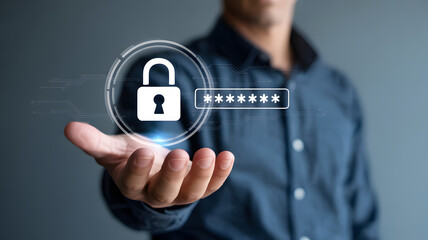 Security concept illustrates an access code, with a man holding a digital padlock over his palm, emphasizing online safety and secure access.