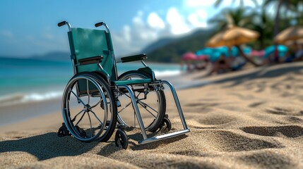 A beach wheelchair sits on soft sand, creating an inviting scene for accessibility and relaxation by the sea.