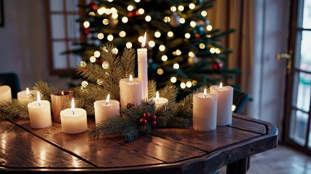 Cozy Christmas atmosphere with glowing candles fireplace presents mood of warmth peace family holidays Christmas spirit traditions invitation