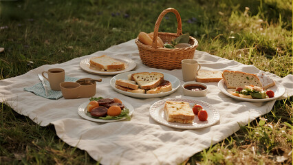 Fototapeta premium a picnic blanket on grass with homemade food, vintage filters
