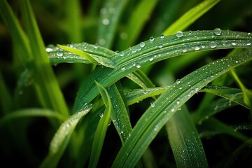 A close-up of lush green grass blades, sparkling with droplets of water, forms a verdant and organic backdrop for text.