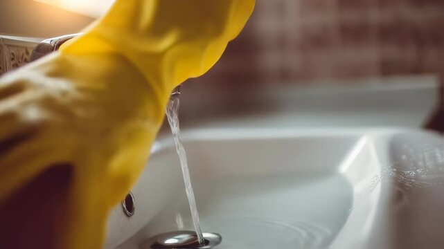 Close-up of hand in yellow rubber gloves scrubbing bathroom sink with soapy sponge under running water, hygiene and house cleaning concept