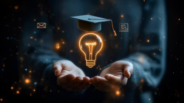 Glowing light bulb wearing graduation cap floating above open hands, concept of innovative education, knowledge idea and academic success inspiration