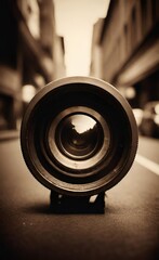 Vintage Camera Lens on the Road: Sepia-Toned Perspective