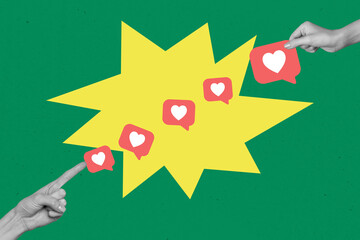 Exclusive creative collage of human hand hold like reaction notification popular blogger feedback...