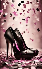 Glamorous Black Patent Leather High Heels with Pink Insole and Confetti on Pink Background