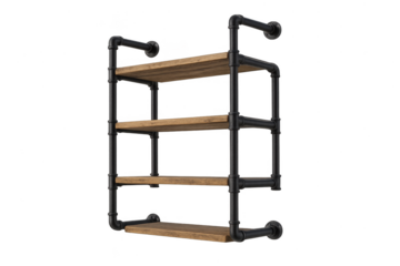 Industrial pipe shelf isolated on transparent background, wooden shelves, black metal