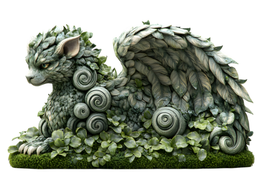 Living topiary griffin in palace gardens, hedge maze guardian isolated on white