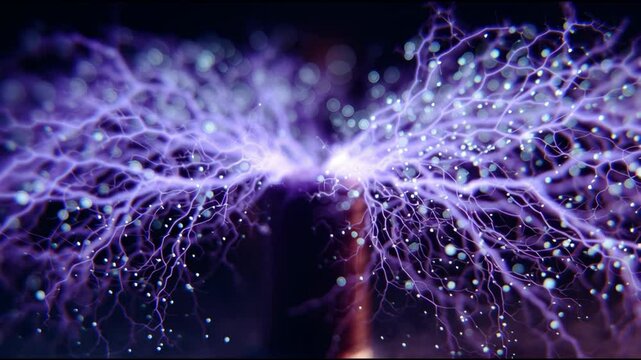 Electrifying Abstract Particle Energy Flow with Dynamic Shimmering Purple and Blue Light Effect Like Neural Network or Lightning in Dark Background Perfect for Science or Technology Concepts