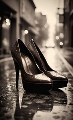 Vintage Elegance: Wet High-Heeled Leather Shoes on Rainy Street