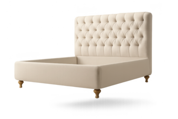 Elegant cream colored bed frame isolated on transparent background studio shot