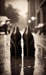Glamorous Retro Moment: Classic High Heels in the Rain