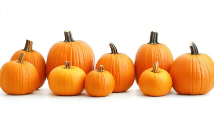 Obraz premium A row of various-sized, bright orange pumpkins, some small, some large, with dark green stems, isolated on a white background
