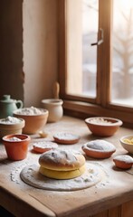 Freshly Baked Flatbread on Wooden Table in Rustic Country Kitchen