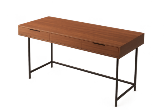 Elegant wooden desk with drawers isolated on a transparent background space.
