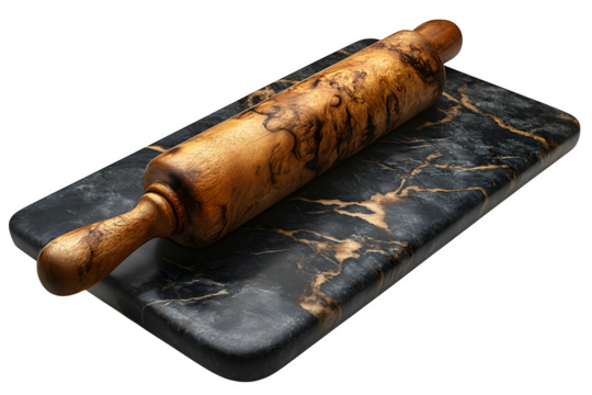 Marble pastry board with rolling pin isolated on white background